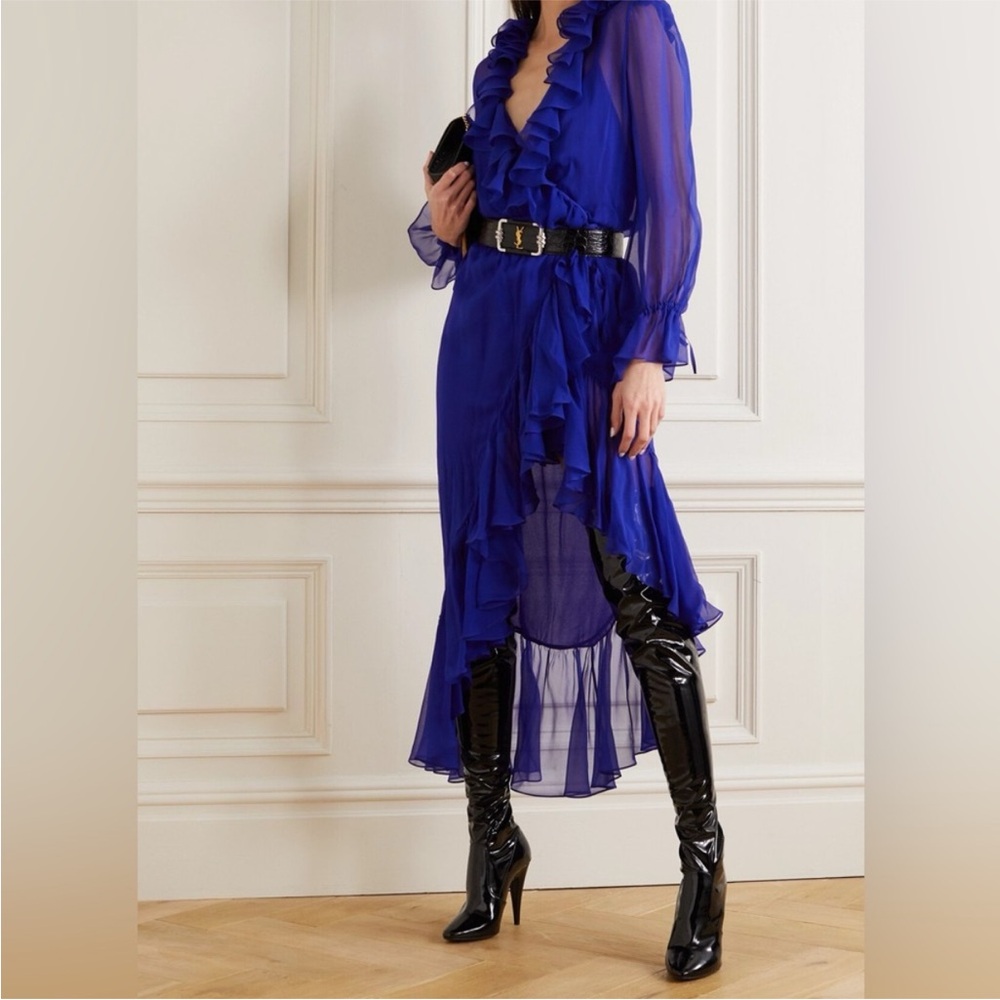 Yves Saint Laurent Blue Long Sleeve Plunge Sundress